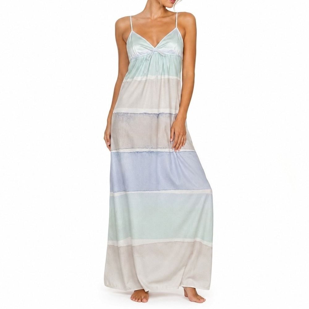 LC Lauren Conrad Maxi Dress Womens 8 Blue Watercolor Stripe Chiffon Empire Waist
